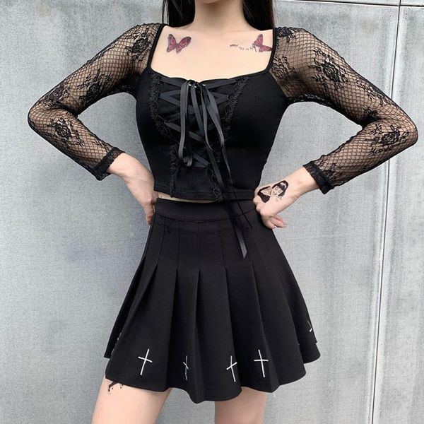 women's t-shirt european and american street dark black lace patchwork ladies goth punk slimming tee female1, White
women's t-shirt european and american street dark black lace patchwork ladies goth punk slimming tee female1, White