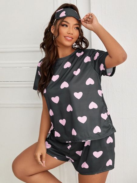 plus allover heart print pj set & eye mask d01b#, Black;white