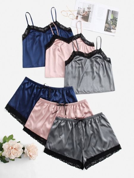 plus 3 sets lace trim bow front satin pj set t3c2#, Black;white
plus 3 sets lace trim bow front satin pj set t3c2#, Black;white