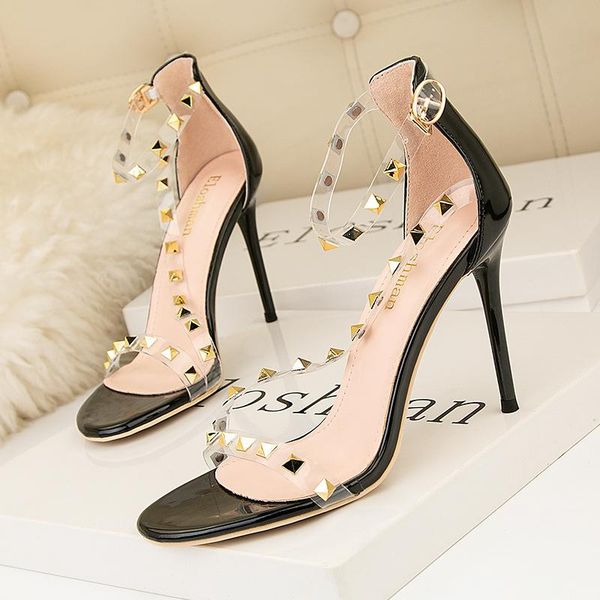 euramerican thin heel ultra high heel rivet shallow mouth pointed nightclub hollowed-out monochrome transparent sandals, Black
euramerican thin heel ultra high heel rivet shallow mouth pointed nightclub hollowed-out monochrome transparent sandals, Black