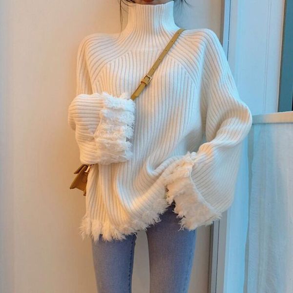 women's tassel sleeve long turtleneck high sweater wear 2021 fall version of loose knitting p1839 ighn, White;black
women's tassel sleeve long turtleneck high sweater wear 2021 fall version of loose knitting p1839 ighn, White;black
