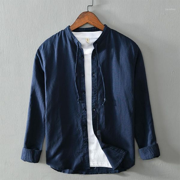 linen and collar stand collar summer and spring long sleeve shirt men casual fashion shirts for men solid blue shirts male 1, White;black