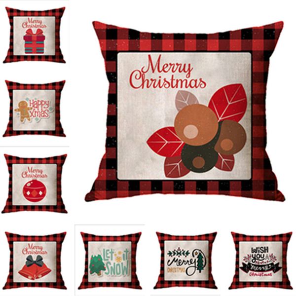 45*45cm 18 Inch Tartan Plaid Pillow Case Christmas Xmas Linen Sofa Home Throw Pillow Cushion Covers Cartoon Print Party Decorations E102602