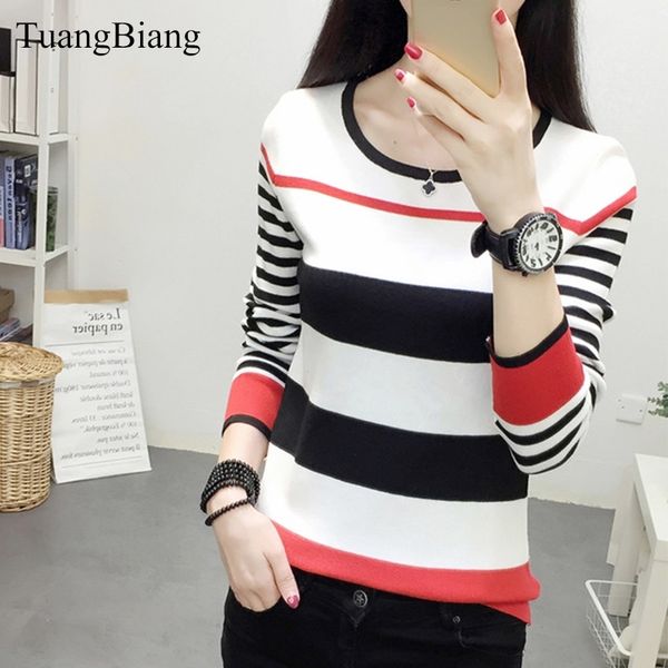white striped round neck pullovers winter knit simple jumper elasticity sweaters autumn feminino long sleeve women clothing y200910, White;black
white striped round neck pullovers winter knit simple jumper elasticity sweaters autumn feminino long sleeve women clothing y200910, White;black