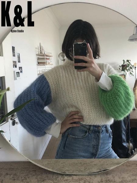mohair long-sleeved contrast sweater women's autumn new pure handmade color matching lantern sleeve turtleneck pullover sweater, White;black
mohair long-sleeved contrast sweater women's autumn new pure handmade color matching lantern sleeve turtleneck pullover sweater, White;black
