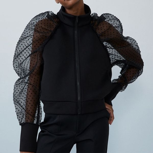 black lace long puff sleeve blouse women patchwork stand collar zipper shirts female autumn spring fashion shirt ladies y200828, White
black lace long puff sleeve blouse women patchwork stand collar zipper shirts female autumn spring fashion shirt ladies y200828, White