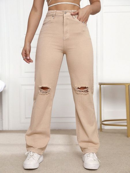 high waist straight leg ripped jeans b8mw#, Blue 
high waist straight leg ripped jeans b8mw#, Blue