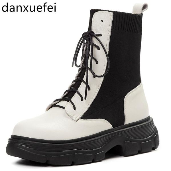 women's genuine leather elastic patchwork lace-up martin boots platform flats casual thick sole short motorcycle boots shoes, Black
women's genuine leather elastic patchwork lace-up martin boots platform flats casual thick sole short motorcycle boots shoes, Black