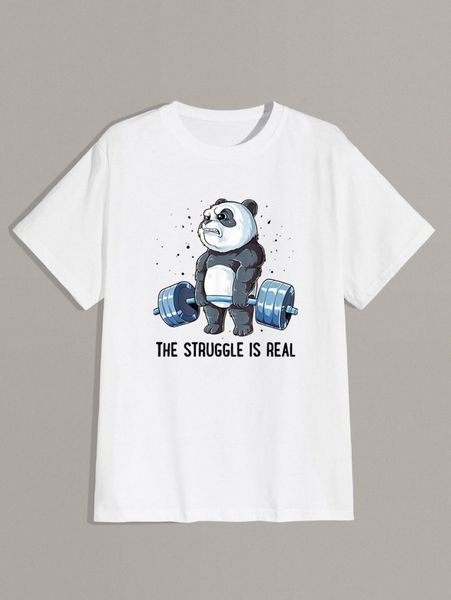 men panda & slogan graphic tee l508#, White;black 
men panda & slogan graphic tee l508#, White;black