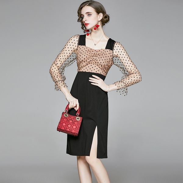 fall 2020 new french slim dress fit celebrity polka point stitching long sleeve mid length buttock split dress u7gok, Black;gray
fall 2020 new french slim dress fit celebrity polka point stitching long sleeve mid length buttock split dress u7gok, Black;gray