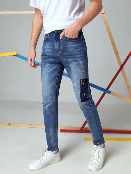 men splash ink contrast panel jeans q6uc#, Blue
men splash ink contrast panel jeans q6uc#, Blue