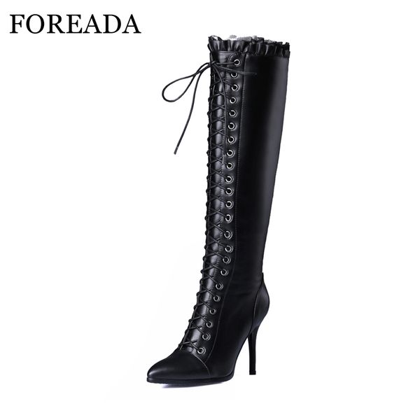 foreada genuine leather boots women knee high boots winter ruffles thin high heels lace up handmade shoes black 2020
foreada genuine leather boots women knee high boots winter ruffles thin high heels lace up handmade shoes black 2020