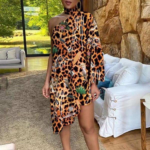 women one shoulder leopard floral print irregular dress above knee mini elegant long sleeve party dress fashion ruffle summer chic dress, Black;gray
women one shoulder leopard floral print irregular dress above knee mini elegant long sleeve party dress fashion ruffle summer chic dress, Black;gray