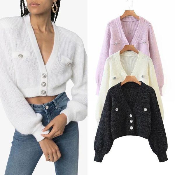 women 2020 fashion diamond button v neck cropped knitted cardigan sweater vintage long sleeve female short outerwear chic, White
women 2020 fashion diamond button v neck cropped knitted cardigan sweater vintage long sleeve female short outerwear chic, White