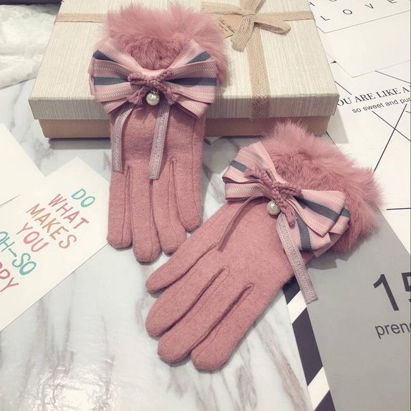 five fingers gloves winter women 2021 fur female double warm bow decoration mittens driving christmas gifts, Blue;gray
five fingers gloves winter women 2021 fur female double warm bow decoration mittens driving christmas gifts, Blue;gray