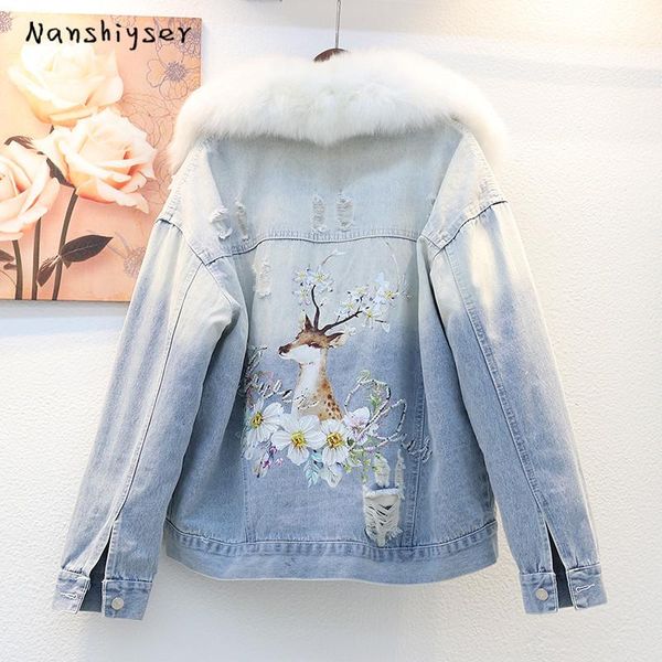 women's jackets winter 2021 thick warm women hole denim jacket lambswool liner fur collar loose beaded deer printing jean outer, Black;brown
women's jackets winter 2021 thick warm women hole denim jacket lambswool liner fur collar loose beaded deer printing jean outer, Black;brown