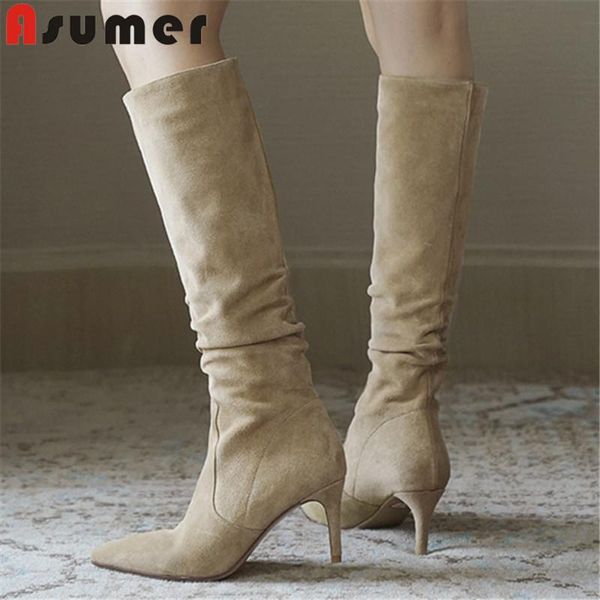 asumer 2021 suede leather knee high boots women pointed toe thin high heels party shoes pleated long boots ladies, Black
asumer 2021 suede leather knee high boots women pointed toe thin high heels party shoes pleated long boots ladies, Black