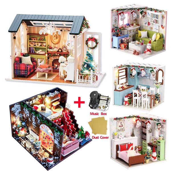Christmas Doll House Miniature House Diy Dollhouse With Furnitures Wooden Christmas Dollhouse Toys For Children Christmas Gifts Y200413