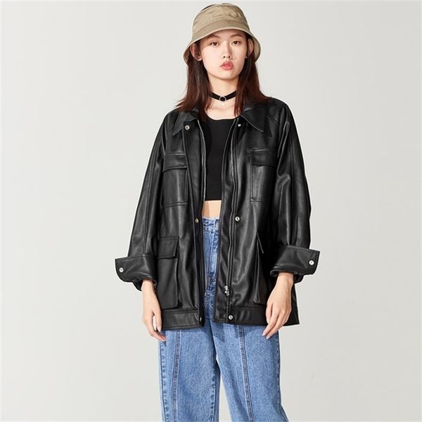 nerazzurri spring faux leather jackets women turn-down collar long sleeve oversized plus size pu coat with many pockets 4xl 5xl y201012, Black;brown
nerazzurri spring faux leather jackets women turn-down collar long sleeve oversized plus size pu coat with many pockets 4xl 5xl y201012, Black;brown