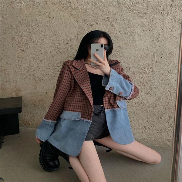 spring autumn women plaid denim split patchwork blaze female new lapel long sleeve loose fit jacket lady fashion tide outwear, White;black
spring autumn women plaid denim split patchwork blaze female new lapel long sleeve loose fit jacket lady fashion tide outwear, White;black