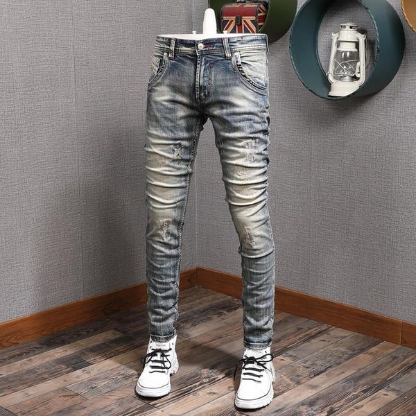 italian style fashion men jeans retro wash slim fit ripped cotton denim pants streetwear vintage designer trousers, Blue
italian style fashion men jeans retro wash slim fit ripped cotton denim pants streetwear vintage designer trousers, Blue