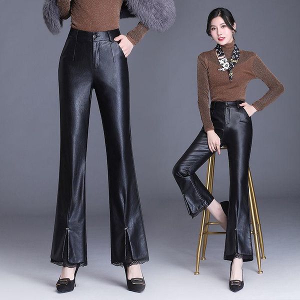 new 2021 winter women plus size button faux leather flared suit pants female warm velvet thick stretch high waist trousers s65, Black;white
new 2021 winter women plus size button faux leather flared suit pants female warm velvet thick stretch high waist trousers s65, Black;white