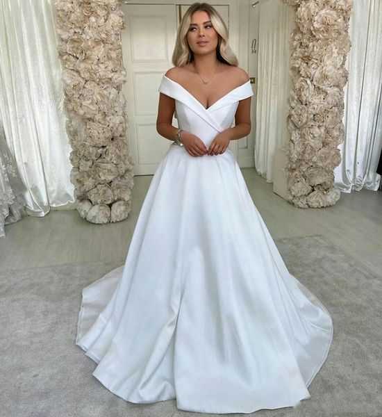 off the shoulder satin wedding dresses sweep train short sleeves bohemian a line plus size wedding bridal gowns, White
off the shoulder satin wedding dresses sweep train short sleeves bohemian a line plus size wedding bridal gowns, White