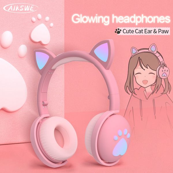 

aikswe bluetooth headphones glowing cute led cat ear paw girls gift kids headset wireless hifi stereo bass 3.5mm plug with mic