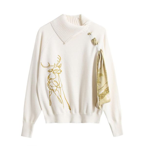 elegant women scarf sweaters autumn winter women embroidery fawn sweaters femme pullovers, White;black
elegant women scarf sweaters autumn winter women embroidery fawn sweaters femme pullovers, White;black