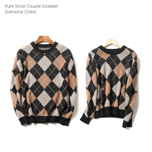 men's sweaters 2021 chic argyle round neck 100% wool pullover diamond check knit pattern sweater lovers unique couple jumpers, White;black
men's sweaters 2021 chic argyle round neck 100% wool pullover diamond check knit pattern sweater lovers unique couple jumpers, White;black