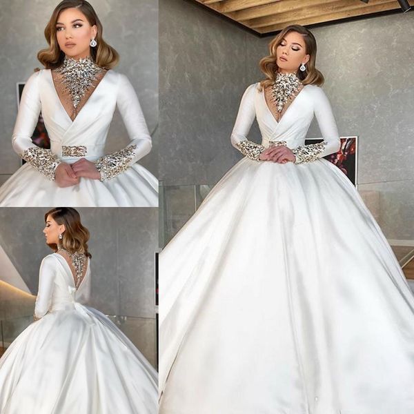2021 arabic high neck wedding dresses crystal beaded long sleeve a line country wedding dress custom made satin robes de mariée, White
2021 arabic high neck wedding dresses crystal beaded long sleeve a line country wedding dress custom made satin robes de mariée, White