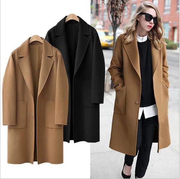 women's autumn and winter new size long loose woolen large pocket office fashion solid color coat, Black
women's autumn and winter new size long loose woolen large pocket office fashion solid color coat, Black