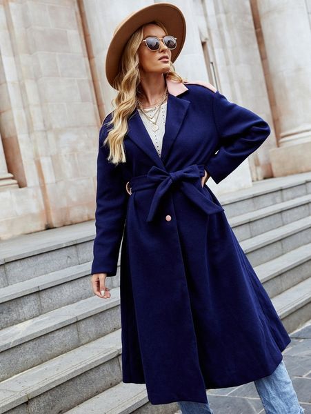 contrast collar belted overcoat e8vi#, Black