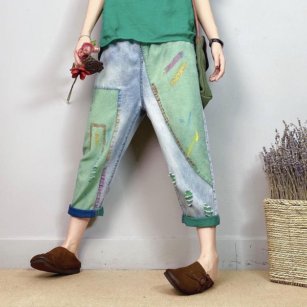 women summer fashion elastic waist colorful printed patchwork calf length denim harem pant office lady female casual loose jeans, Blue
women summer fashion elastic waist colorful printed patchwork calf length denim harem pant office lady female casual loose jeans, Blue