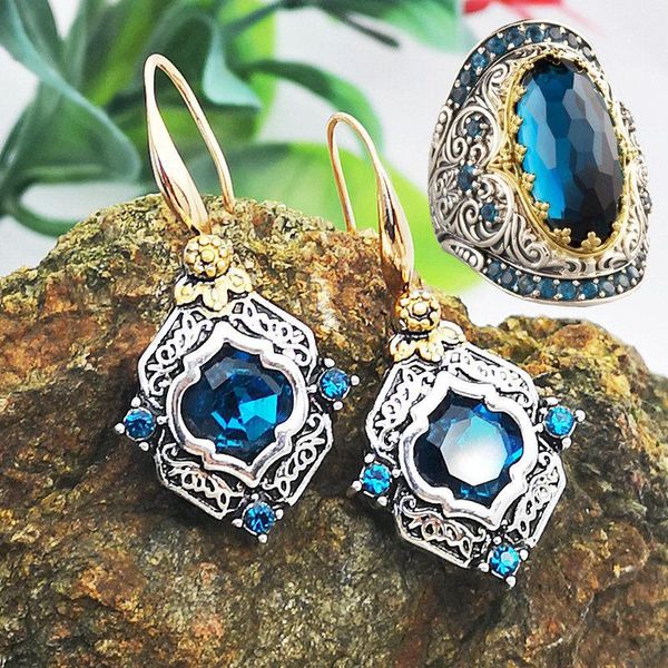 new vintage big blue stone rings earrings jewelry sets for women wedding anillos carved pattern statement ring accessories mujer, Silver
new vintage big blue stone rings earrings jewelry sets for women wedding anillos carved pattern statement ring accessories mujer, Silver