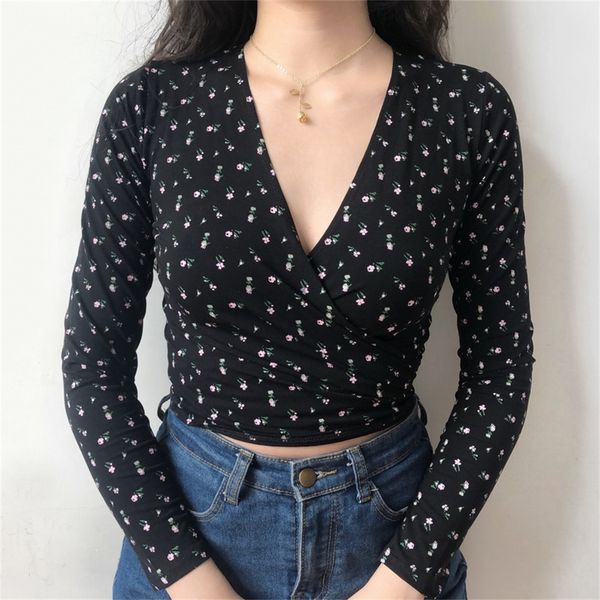 women self tie front wrap tee print floral t-shirt v neck long sleeve two ways lj200815, White
women self tie front wrap tee print floral t-shirt v neck long sleeve two ways lj200815, White