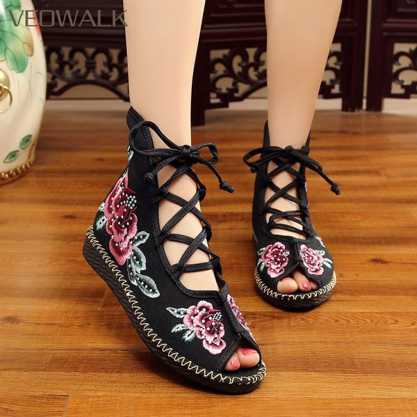 veowalk handmade high women canvas flat gladiator sandals open peep toe summer cotton embroider lace up shoes sandials mujer y200702, Black
veowalk handmade high women canvas flat gladiator sandals open peep toe summer cotton embroider lace up shoes sandials mujer y200702, Black