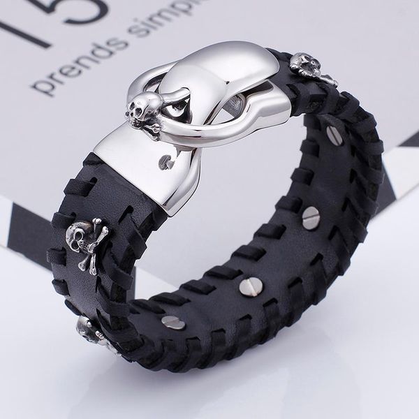 link, chain gothic mens jewelry black leather stainless steel bracelet skull charms 8.8'' 25mm heavy 80g for xmas gifts
link, chain gothic mens jewelry black leather stainless steel bracelet skull charms 8.8'' 25mm heavy 80g for xmas gifts