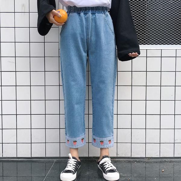 denim pant summer korean cute women sweet harem jeans ankle-length lolita strawberry embroidery elastic high waist straight, Blue
denim pant summer korean cute women sweet harem jeans ankle-length lolita strawberry embroidery elastic high waist straight, Blue