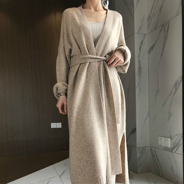2021 women autumn winter long cashmere knitted cardigan sweater sashes open stitch oatmeal color split hem crochet outerwear, Black
2021 women autumn winter long cashmere knitted cardigan sweater sashes open stitch oatmeal color split hem crochet outerwear, Black