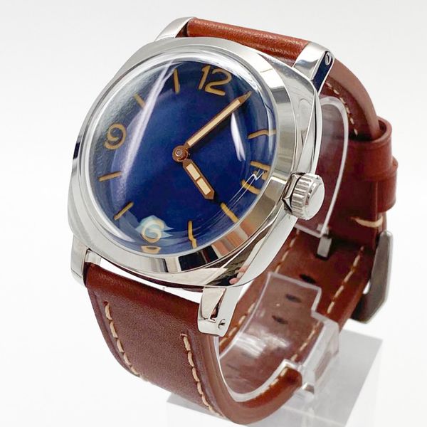 men's watch 47mm manual up chain mechanical movement luxury blue dial polished 316l case brown leather strap, Slivery;brown 
men's watch 47mm manual up chain mechanical movement luxury blue dial polished 316l case brown leather strap, Slivery;brown