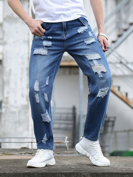 men ripped straight leg jeans d8te#, Blue