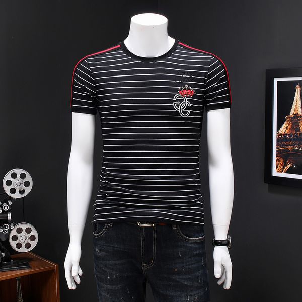 2020 summer tide striped printed short-sleeved t-shirt men's slim mercerized cotton embroidered round neck t-shirt large size, White;black 
2020 summer tide striped printed short-sleeved t-shirt men's slim mercerized cotton embroidered round neck t-shirt large size, White;black
