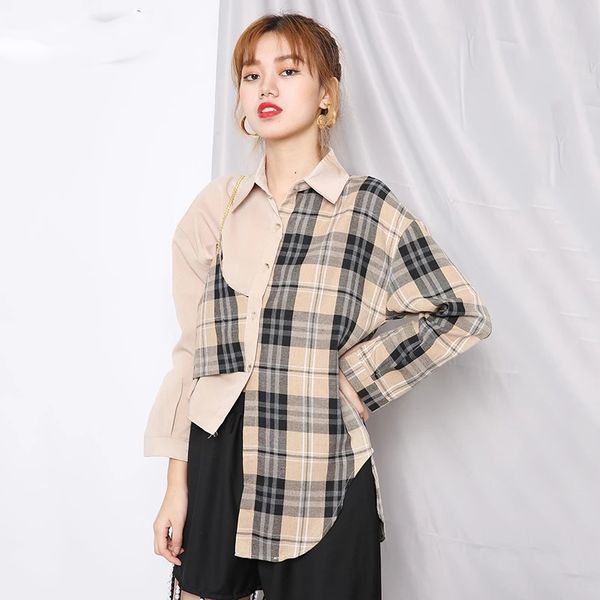 women plaid irregular spliced blouse new lapel long sleeve loose fit shirt fashion tide spring autumn 2021, White
women plaid irregular spliced blouse new lapel long sleeve loose fit shirt fashion tide spring autumn 2021, White