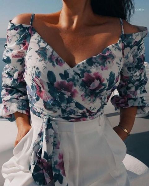 women's blouses & shirts floral printed cold shoulder wrap blouse for women1, White 
women's blouses & shirts floral printed cold shoulder wrap blouse for women1, White