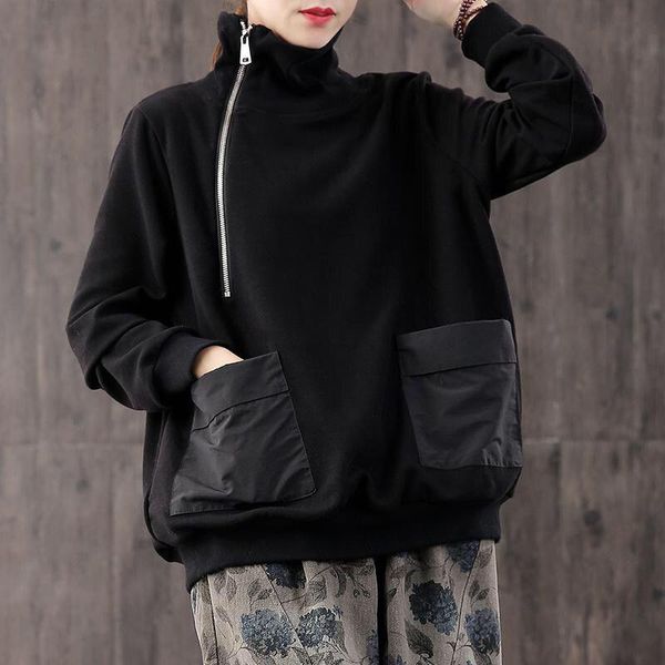 large size wei clothing retro long sleeve pullover autumn winter high collar zipper hoodies with velvet casual top, Black
large size wei clothing retro long sleeve pullover autumn winter high collar zipper hoodies with velvet casual top, Black