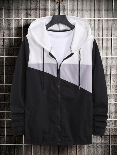 men colorblock zip up drawstring hooded jacket 61sk#, Black;brown 
men colorblock zip up drawstring hooded jacket 61sk#, Black;brown