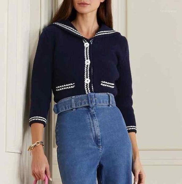 women sweater short color-blocking border navy big lapel shell button wool knit cardigan sweater women1, White
women sweater short color-blocking border navy big lapel shell button wool knit cardigan sweater women1, White