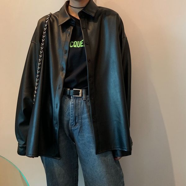 new women oversized pu leather blouses 2020 autumn winter black faux leather basic coat turn-down collar motor biker jacket 201124
new women oversized pu leather blouses 2020 autumn winter black faux leather basic coat turn-down collar motor biker jacket 201124