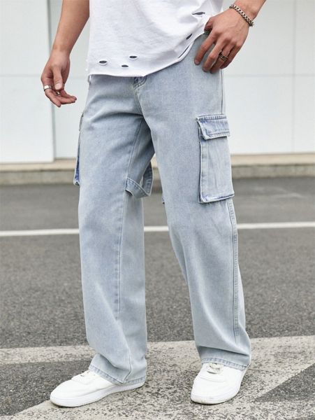 men flap pocket side cargo jeans n60m#, Blue